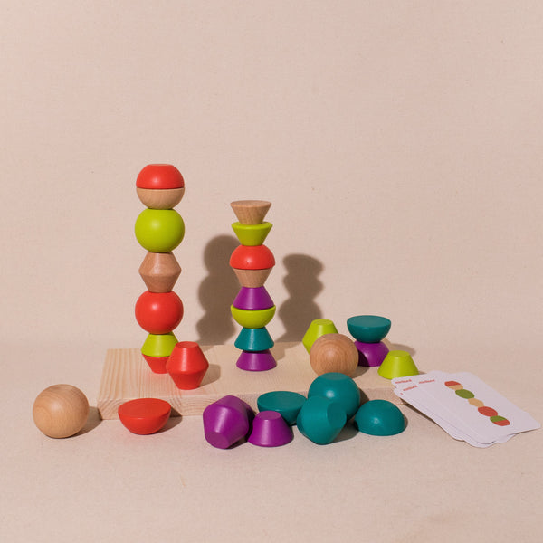 colourful stacking wood blocks and beads with activity cards