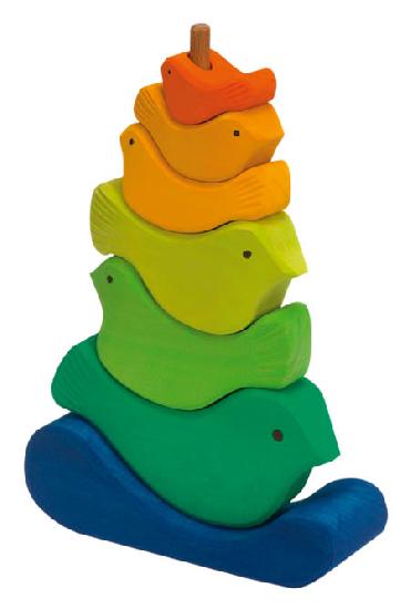 6 wooden birds of different colours stacked on a centre dowel