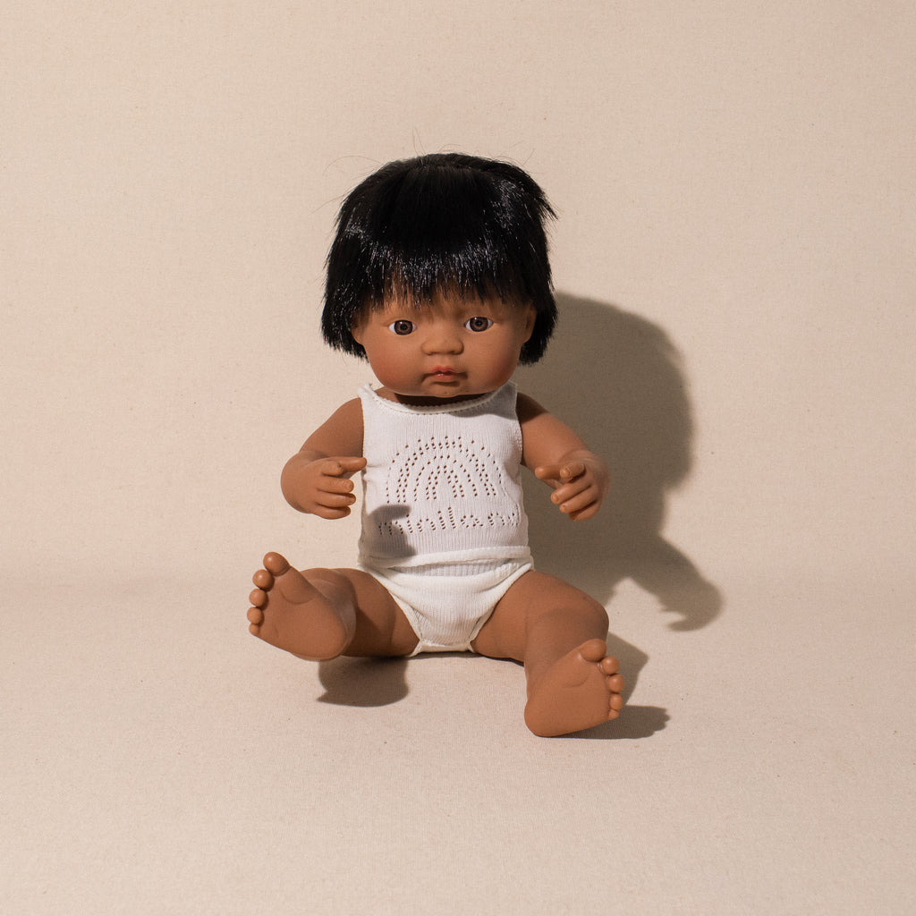 Miniland Hispanic baby boy doll with cochlear implant hearing aid