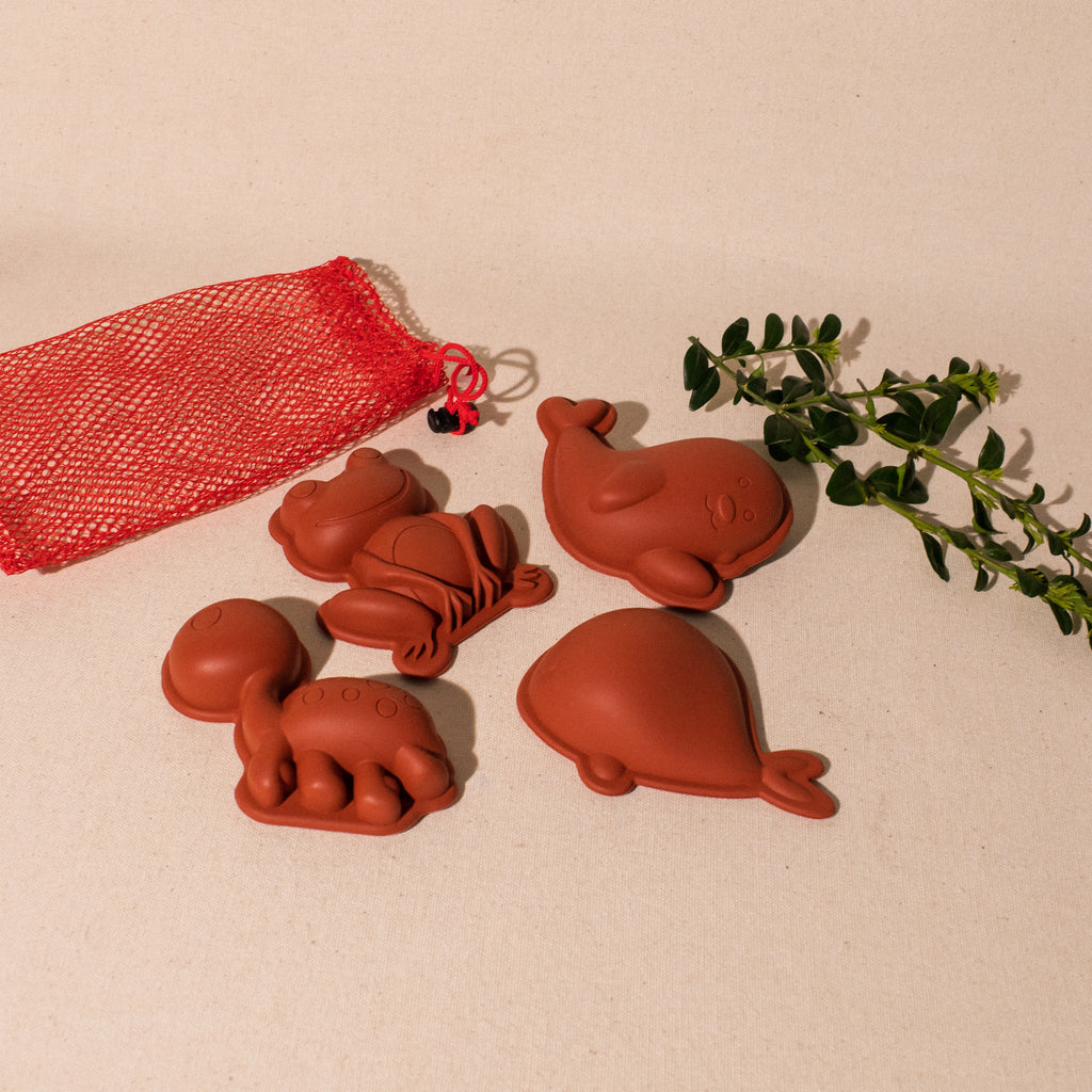 soft sand molds frog whale fish and turtle rust colour with bag