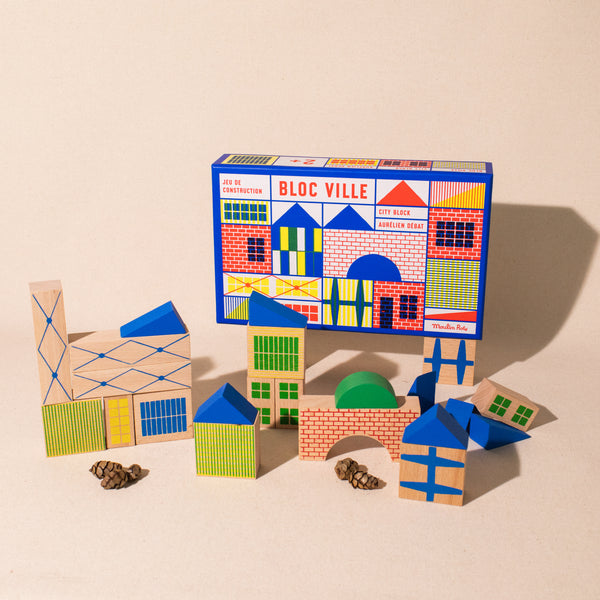 wooden blocks with architectural features painted on both sides