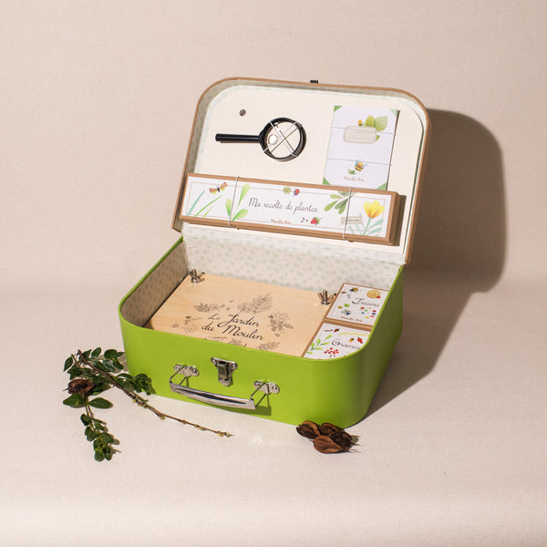 botanist case with flower press, magnifying glass, journal and storage boxes