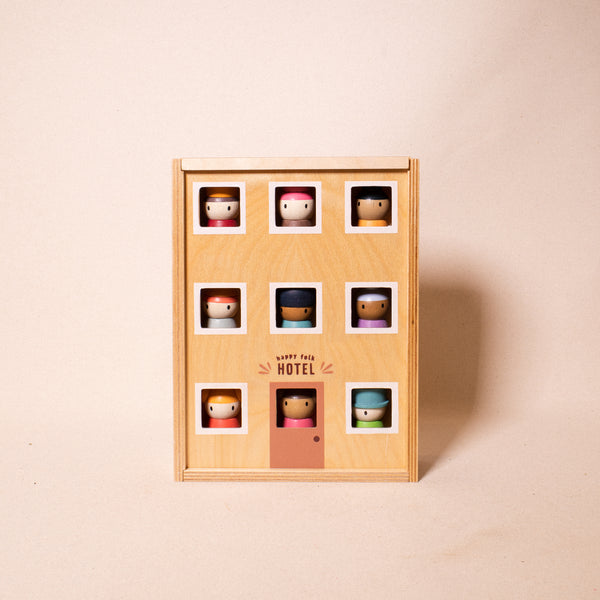 wood box with 9 windows and 9 wooden people looking out