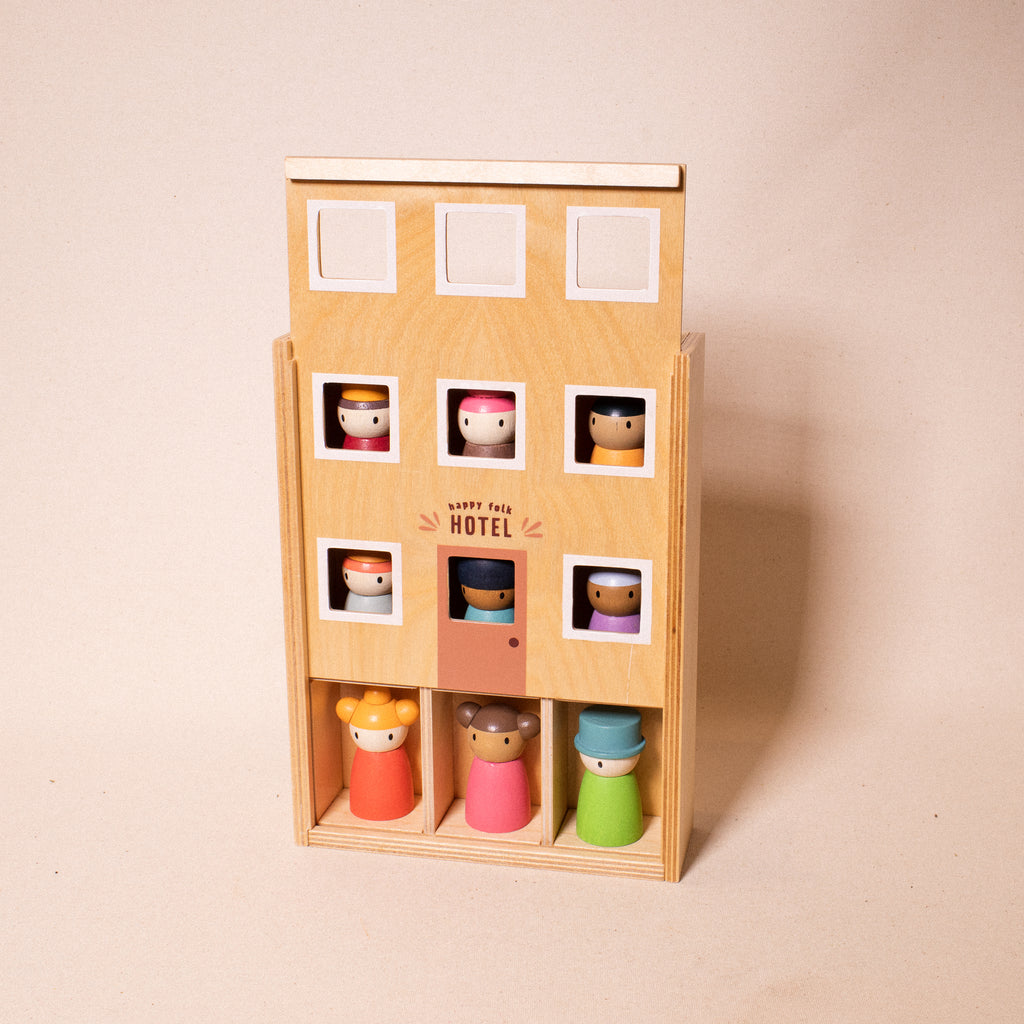 wooden hotel box with 9 multicoloured people