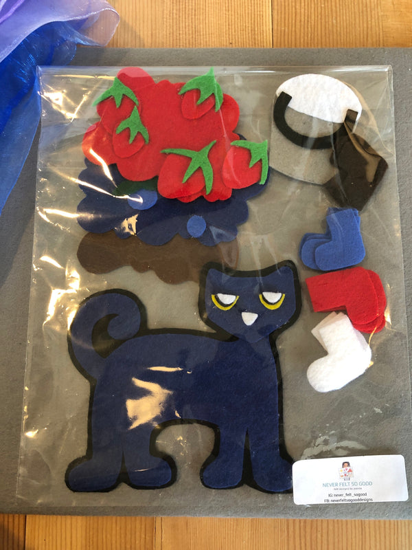 felt board set of pete the cat, shoes, bucket, berries and muc
