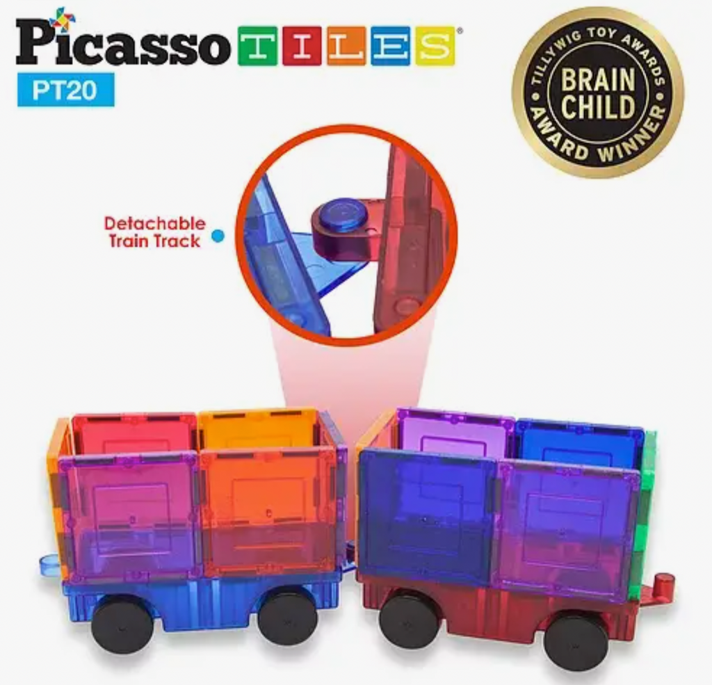 Picasso Tiles 2  piece car truck set showing connector hitch with Tillywig Toys Awards Brain Child Award Winner seal