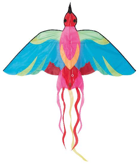 multi-coloured bird kite with trailing ribbons