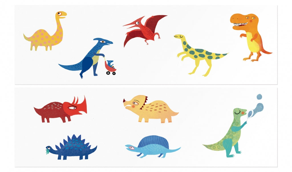 Sheets of dinosaur tattoos with multiple styles of colourful dinosaurs