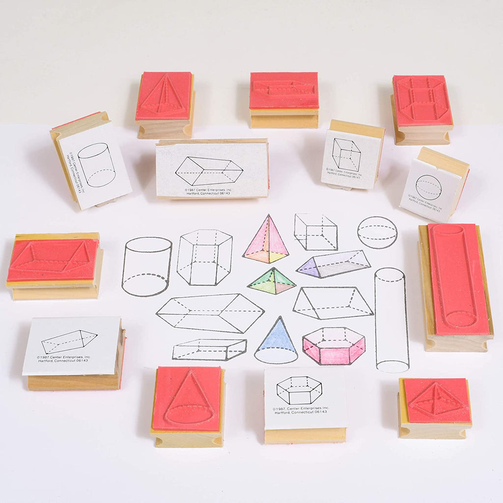 13 rubber stamps of 3d shapes with page of coloured stamped shapes