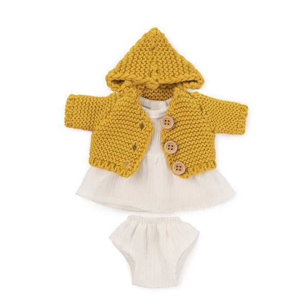 Miniland white dress and shorts with mustard knit hooded cardigan