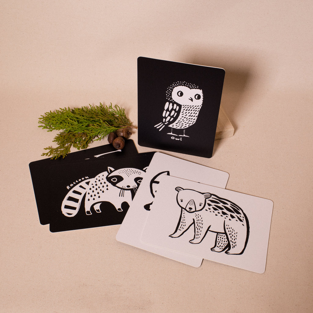 reversible black and white woodland animal cards